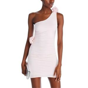 NWT FORE Dress S Pink Rosette One Shoulder Ruched Bodycon Mini 3D Flower Party